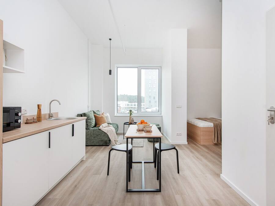 A modern apartment with a kitchen, dining area, and a living room.