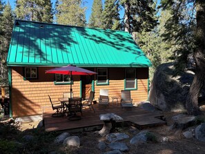 Une cabane dotée d’un toit végétalisé, d’une terrasse avec mobilier d’extérieur et entourée d’un environnement naturel.