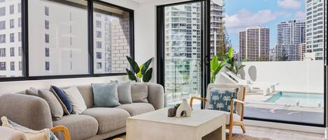 Penthouse, 3 Bedrooms, Private Pool, Ocean View | Living area | 50-inch Smart TV with digital channels, streaming services