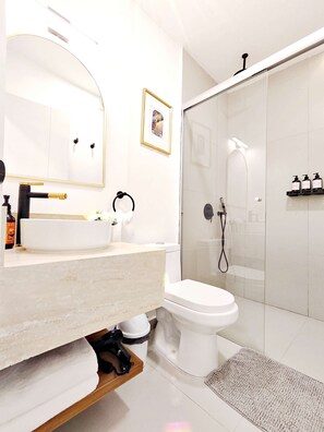 Shower, hair dryer, towels