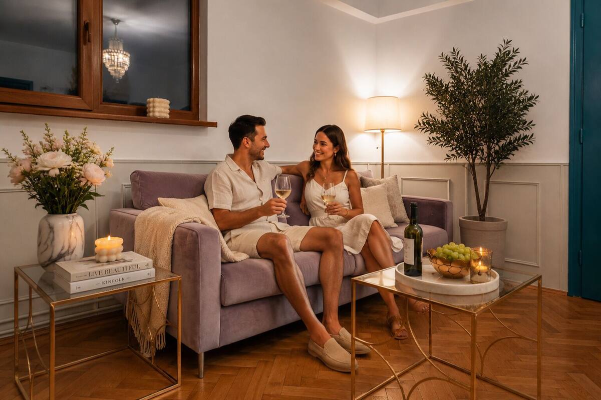 Apartamento luxo, sacada, vista para a cidade | Roupas de cama premium