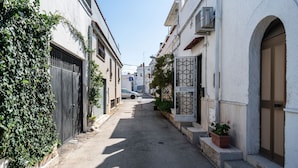 A narrow street with buildings on either side, a parked car, and a potted plant on the right. - 4196 Tina House & Parking by Barbarhouse (Bari)