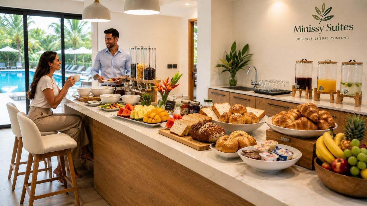 Un bufé de desayuno con diversas opciones de comida y bebidas, vista a la piscina y un cartel de Minissy Suites.