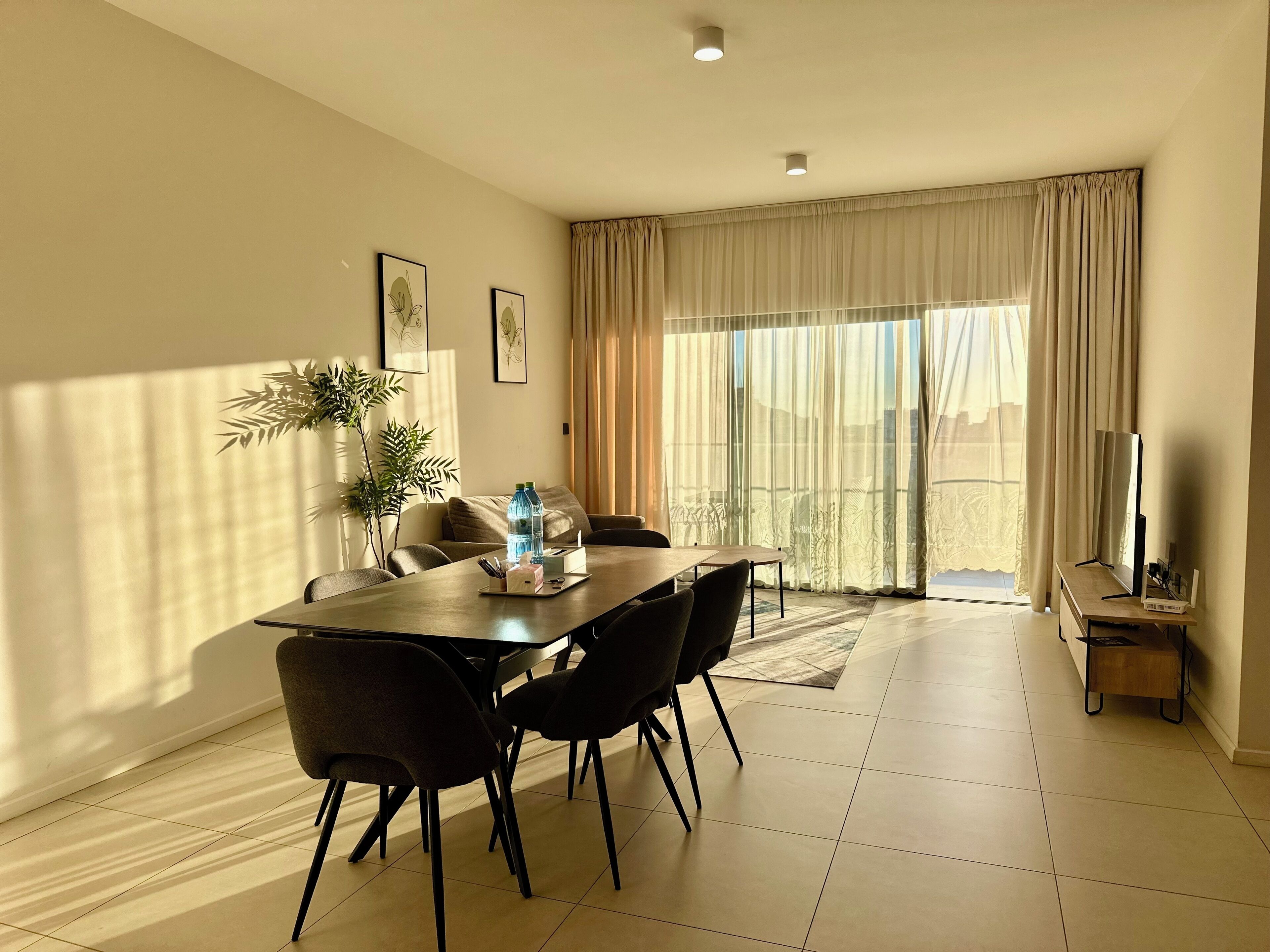 A modern dining area with a table, chairs, a plant, and a TV stand.
