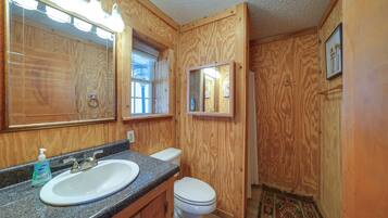 A wooden-paneled bathroom with a sink, toilet, and mirror.