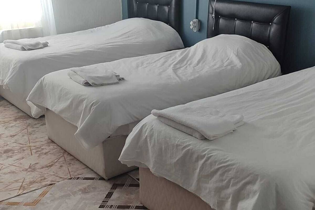 A hotel room with three beds, a patterned carpet, and a blue wall.