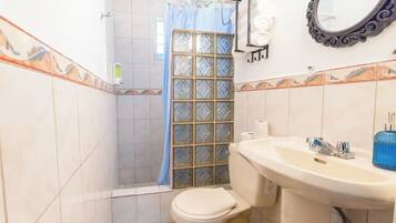 A bathroom with a toilet, sink, shower, and a glass partition.