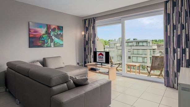 A modern living room with a grey sofa, a flat-screen TV, and a cityscape painting on the wall. - 1 bedroom accommodation in Oostduinkerke (Oostduinkerke)