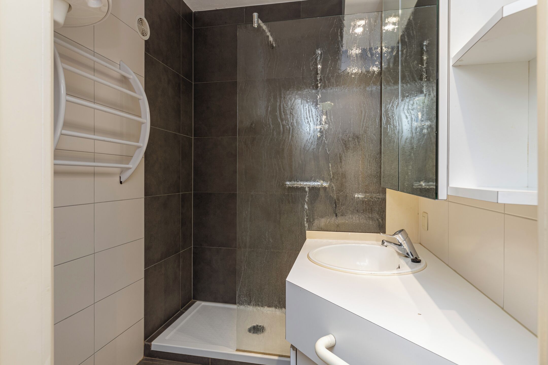 A bathroom with a shower, a sink, and a mirror.