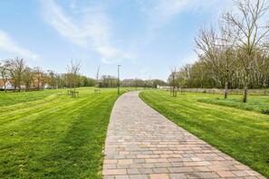 A paved pathway in a park with benches and trees.