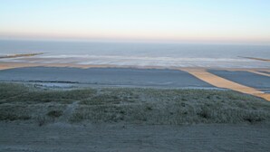 A coastal landscape with a sandy beach and grassy dunes.