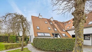 Ein modernes Haus mit einem Ziegeldach, einem gepflasterten Weg und einem gepflegten Garten.