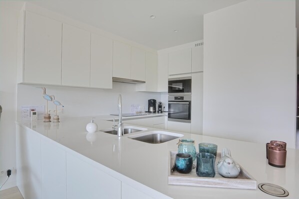 Fridge, oven, stovetop, coffee/tea maker