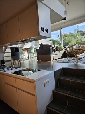 Fridge, microwave, stovetop, electric kettle