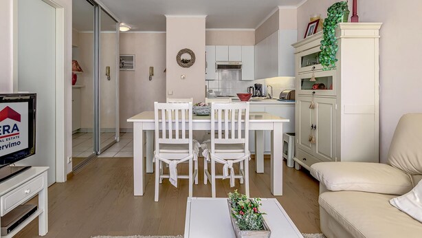 Una sala moderna con comedor, un sofá, una mesa de centro con una planta y un televisor sobre un mueble.