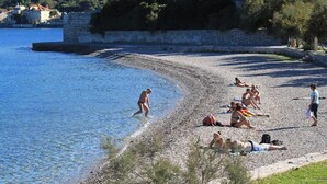 A pebbled beach with people sunbathing and swimming, surrounded by greenery and a stone wall.