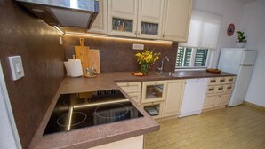 A compact kitchen with a built-in stove, a sink, and a dishwasher. - Apartment Zvone (Supetar)