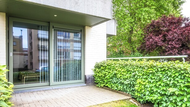 Ein modernes Gebäude mit Glastür, gepflasterter Terrasse und einer gepflegten Hecke.