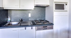 Fridge, microwave, stovetop, coffee/tea maker