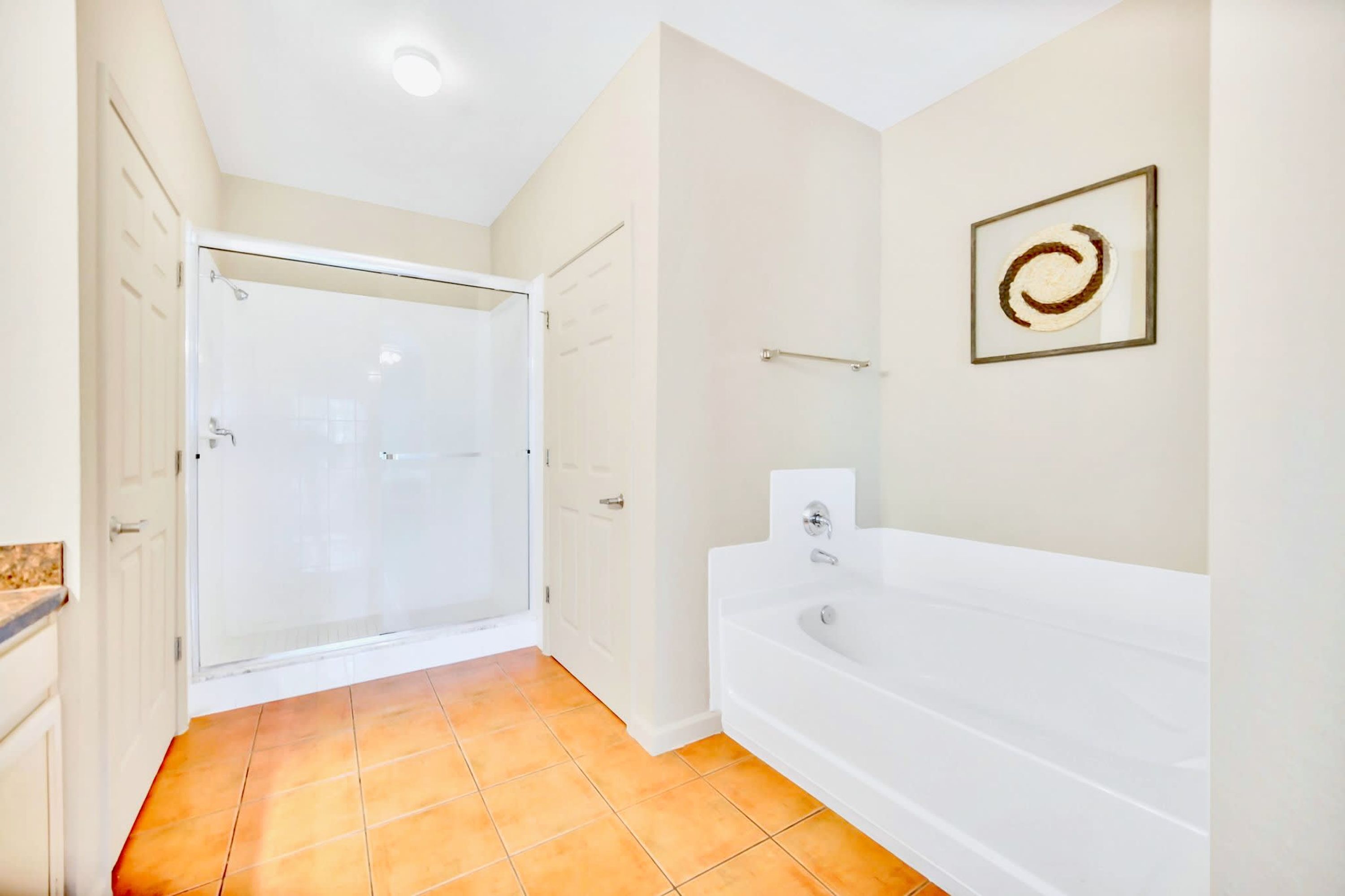 Un baño con cabina de ducha de vidrio, una bañera blanca y un cuadro enmarcado en la pared.