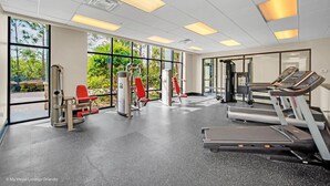 A gym with exercise equipment, large windows, and a view of greenery.