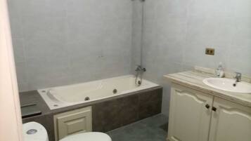 Shower, jetted bath, soap, toilet paper