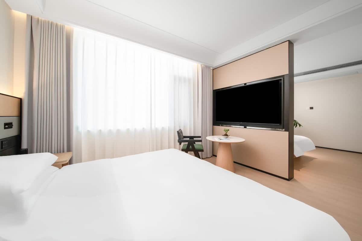 A modern hotel room with a large bed, a TV, a small table with a plant, and a desk with a chair.