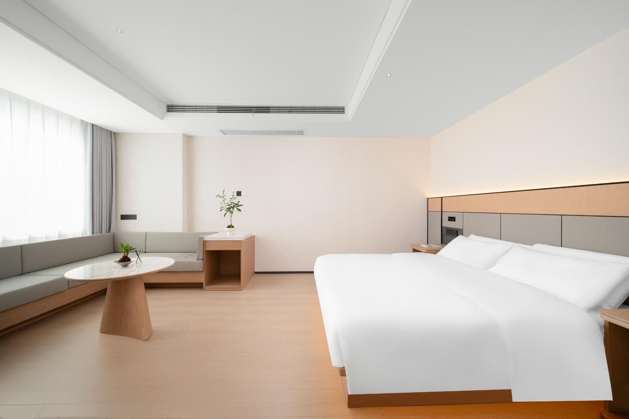 A modern hotel room with a large bed, a small desk, a window with curtains, and a potted plant.