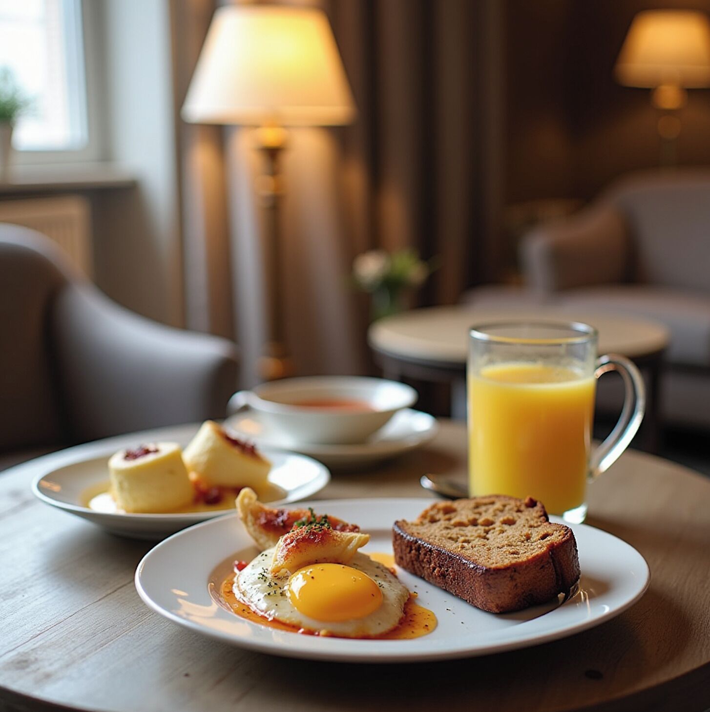 A breakfast setting with plates of eggs, toast, and a glass of orange juice.