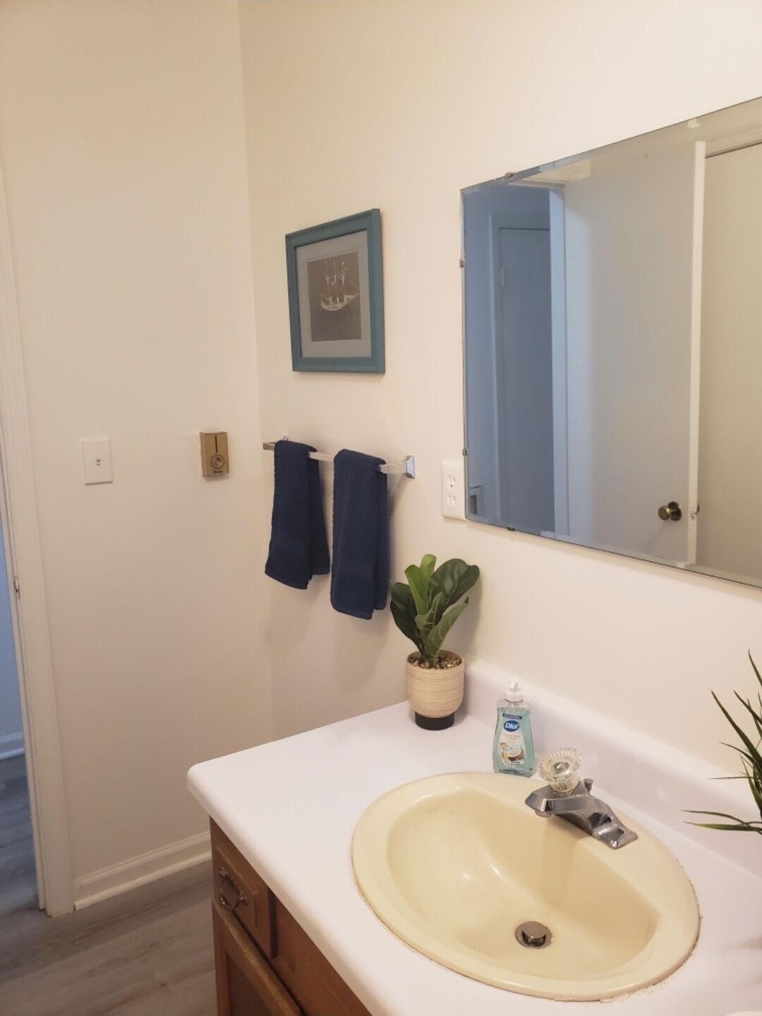 A bathroom with a white sink, a mirror, a framed picture, and two towels hanging on the wall.