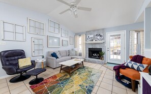 Smart TV, fireplace, books