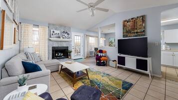 Smart TV, fireplace, books