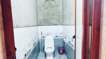 Shower, hair dryer, bidet, towels