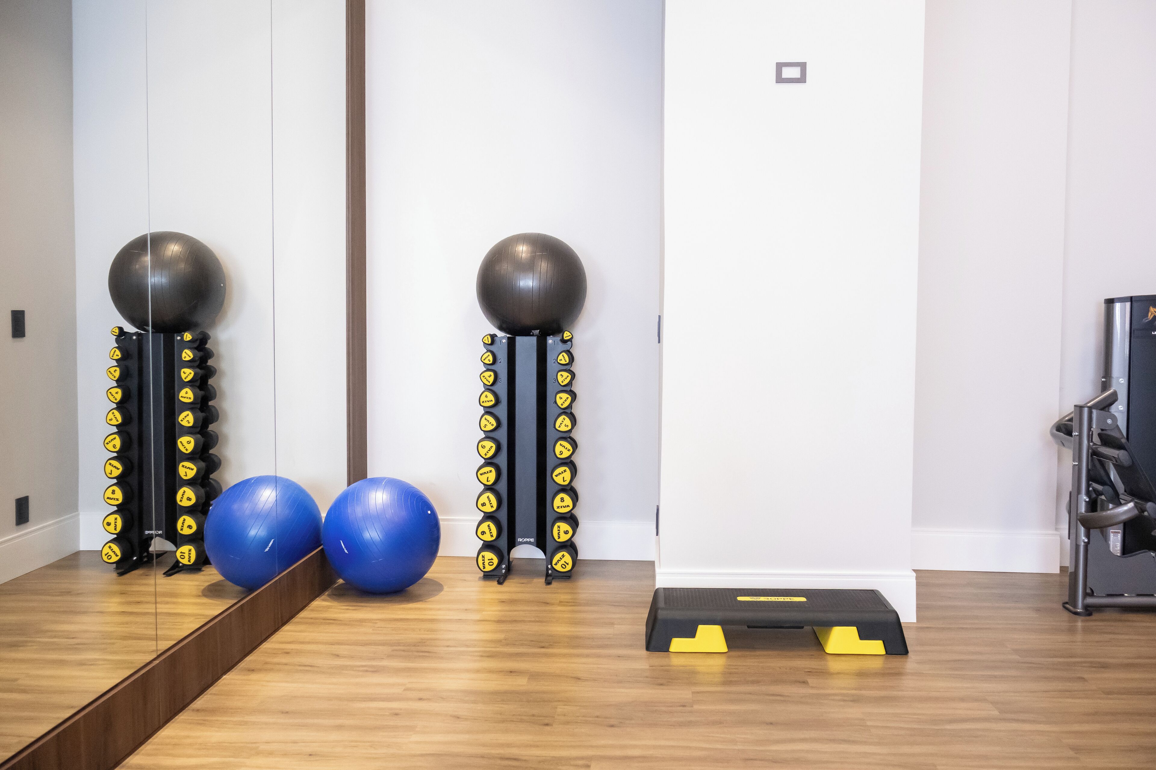 A gym with exercise equipment, including medicine balls and a step platform.