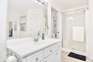 Hair dryer, towels, soap, toilet paper