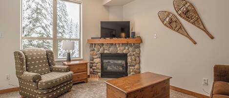 Televisie, een open haard en boeken