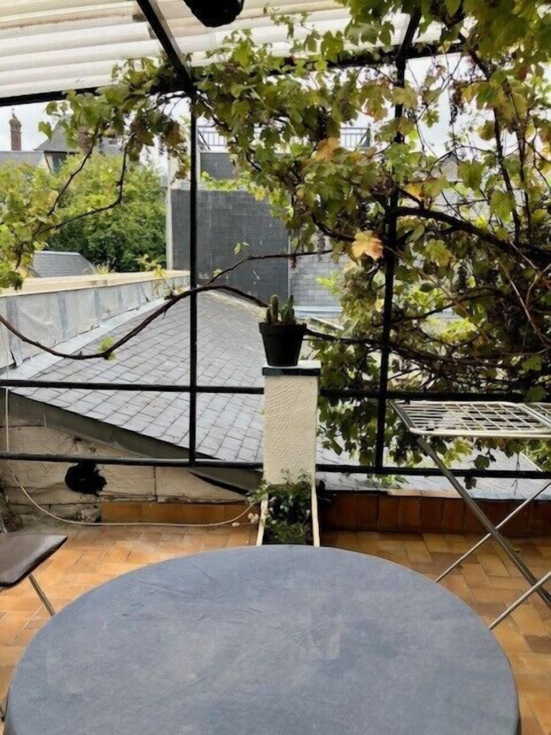 Una terrazza sul tetto con un tavolo rotondo, piante in vaso e vista sulla città.