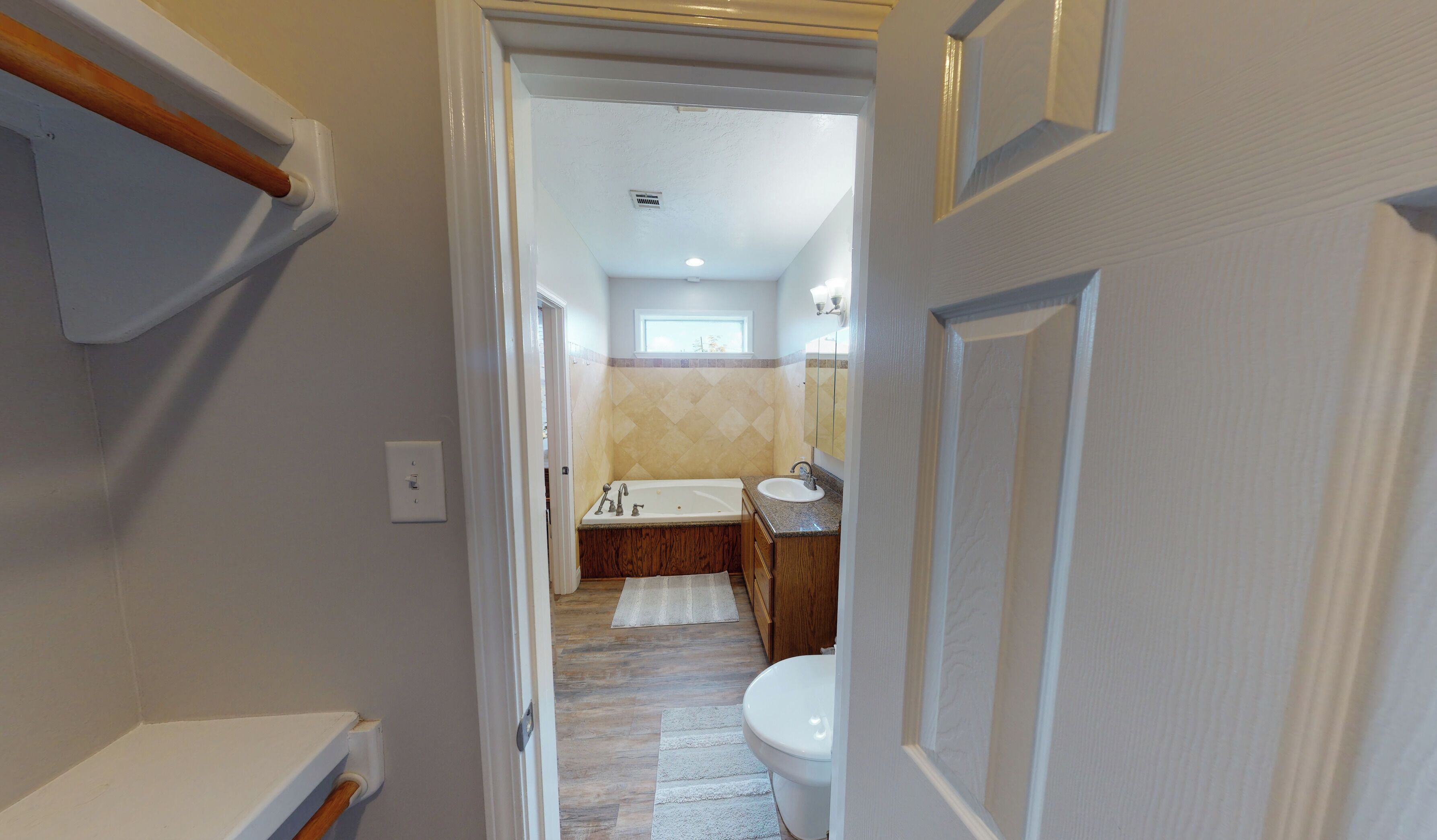 Jetted bath, hair dryer, towels, soap