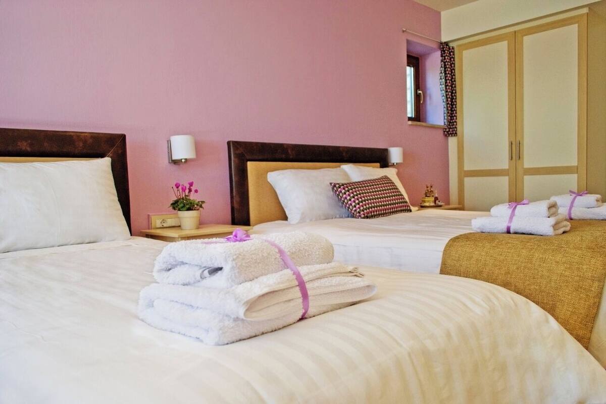 Habitación de hotel con dos camas, cada una con toallas ordenadas y una almohada. Hay una mesita con una planta y una lámpara, y un armario con espejo.