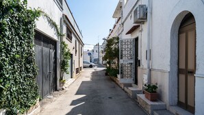 Una calle estrecha flanqueada por edificios, un coche estacionado y una maceta a la derecha.