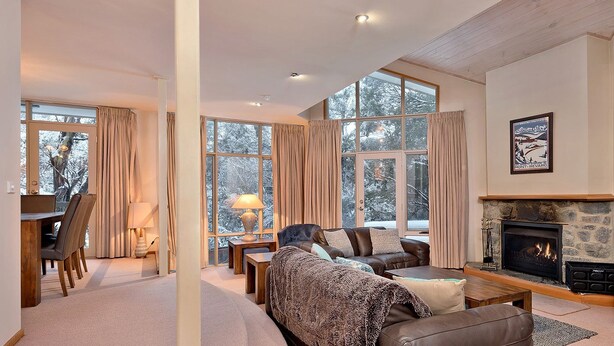 A cozy living room with a fireplace, large windows, and a dining area.