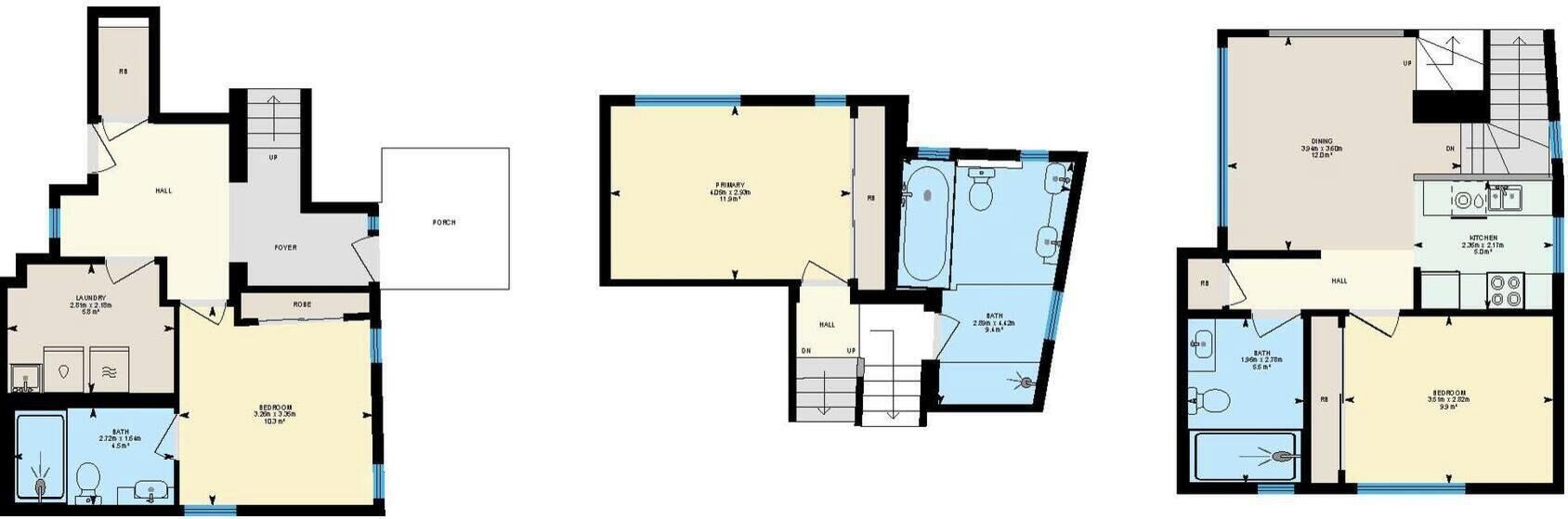 Distribución de un hotel con varias habitaciones, un comedor y una cocina.