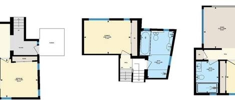 Distribución de un hotel con varias habitaciones, un comedor y una cocina.