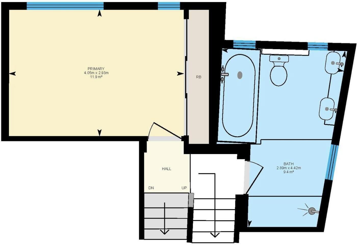 A floor plan with a primary room measuring 4.05m x 2.93m, a bathroom, a hall, and a DN/UP area.