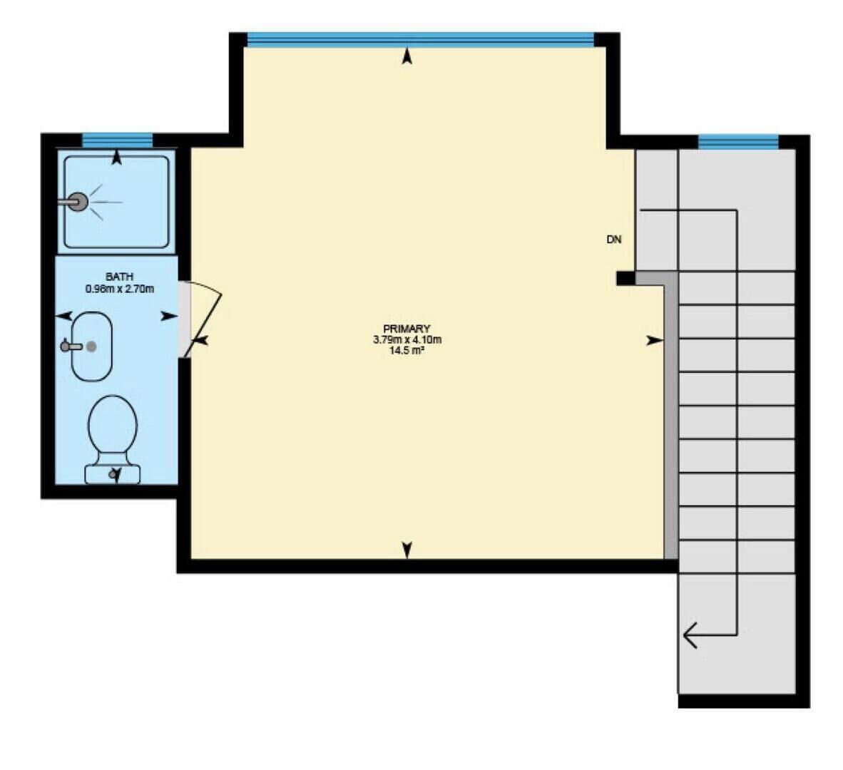 A bathroom layout with a bathtub, toilet, and sink.