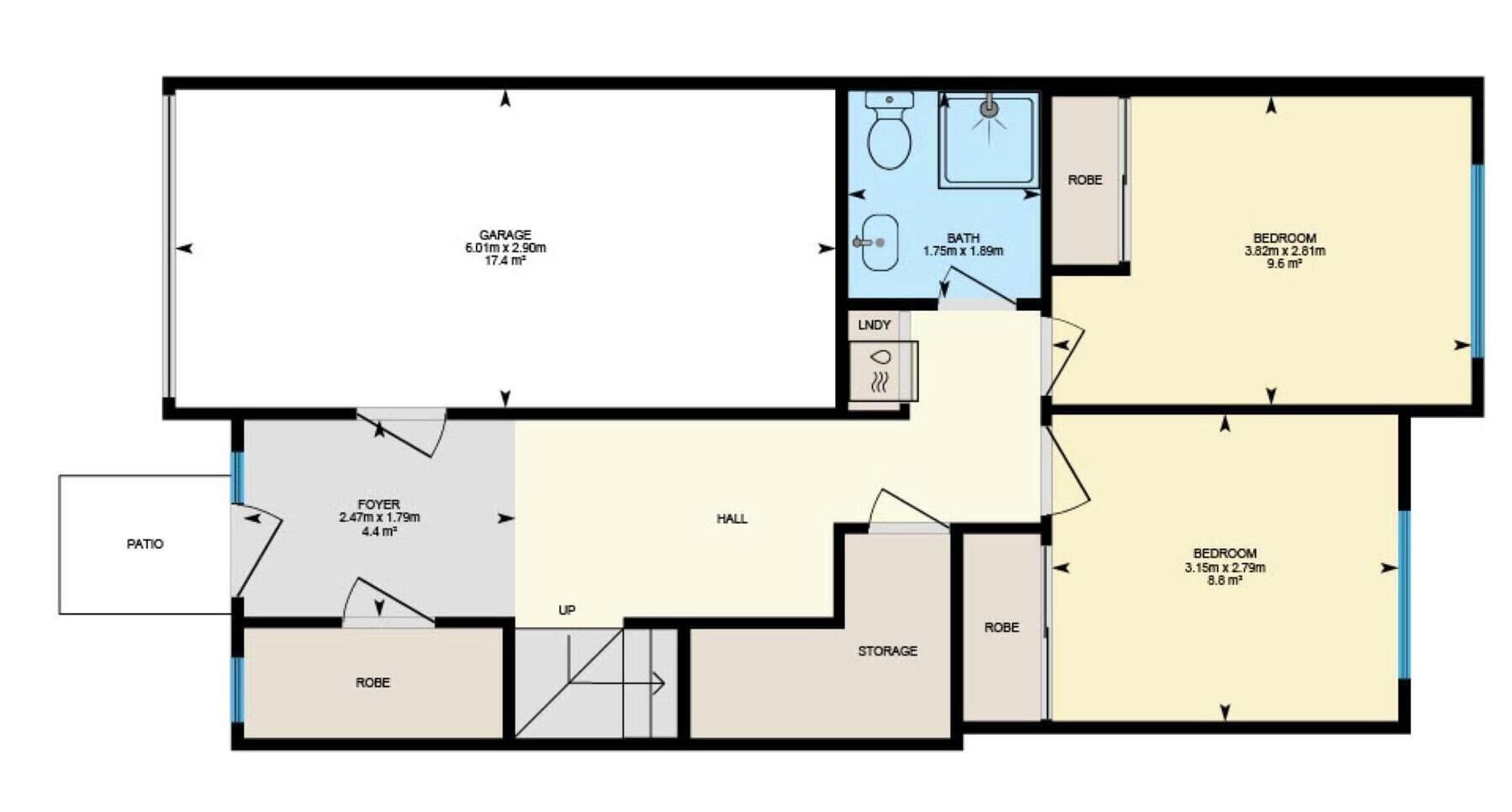 Een plattegrond met een garage, twee slaapkamers, een badkamer, een hal, een terras, een gang en een berging.