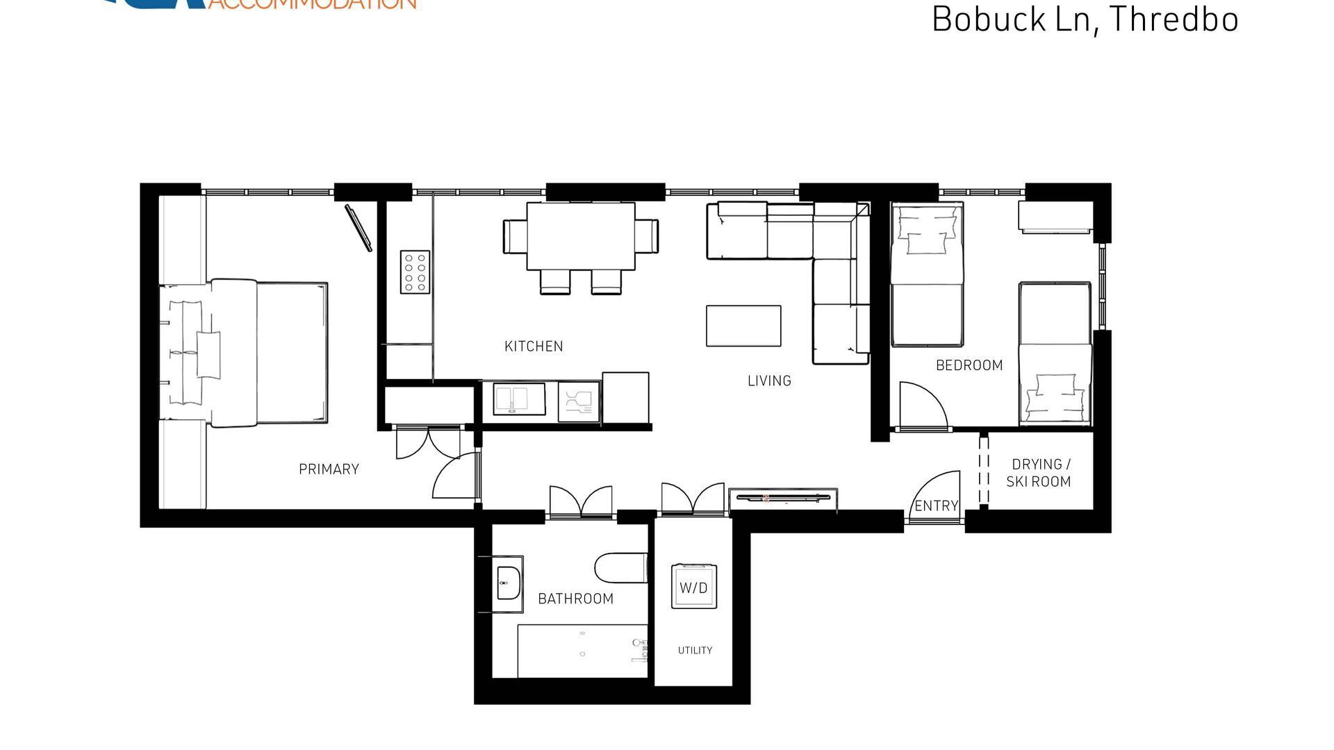 A floor plan of a hotel with labeled rooms including a kitchen, living area, bedroom, bathroom, and utility room.