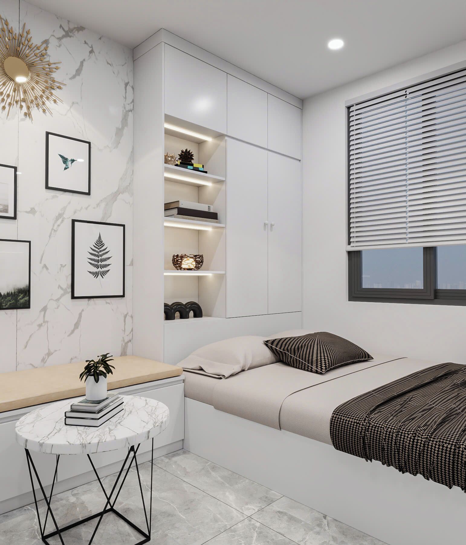 A modern bedroom with a bed, bedside tables, a built-in wardrobe, and a window with blinds.