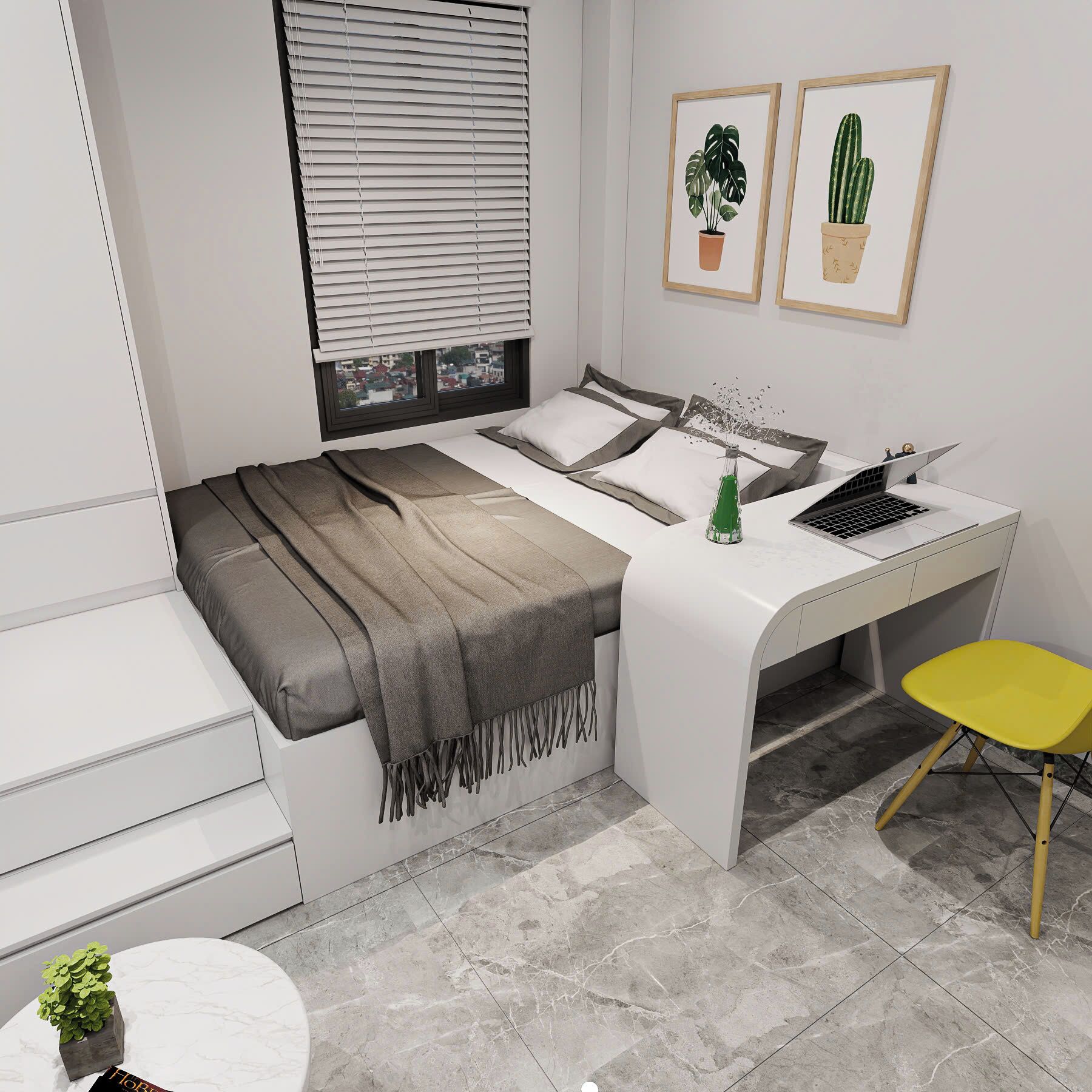 A modern bedroom with a bed, desk, and chair.