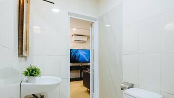 Secador de pelo, bidé, toallas y jabón